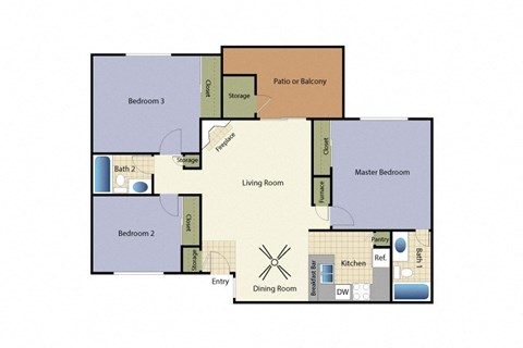 Three bedrooms two bathrooms apartment floorplan